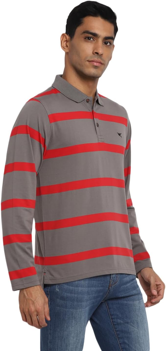 Deniklo Men's Polo Collar Full Sleeves Striped T-Shirt with Embroidery DK 240