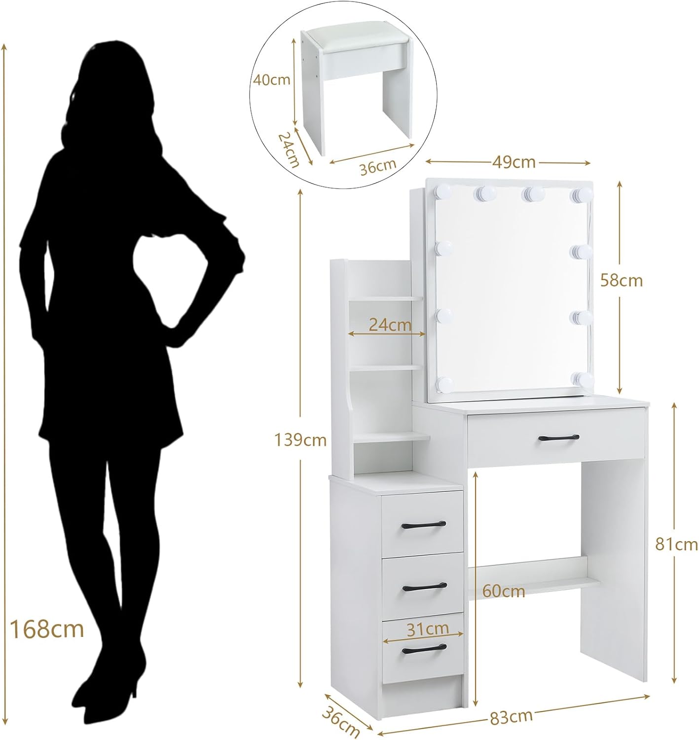 LIANWANG Dressing Table with LED Lighting, 3 Colour Temperatures, Adjustable Brightness, Dressing Table with Mirror for Make-Up, 6 Drawers, 1 Stool, 131 x 80 x 36 cm, White