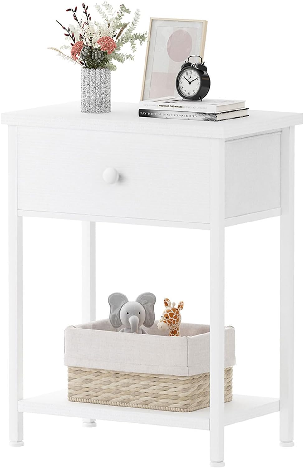 KAI-ROAD White Nightstand with Drawer, Small Night Stand with Shelf Storage End Table for Bedroom, Dorm, Modern Bedside Tables