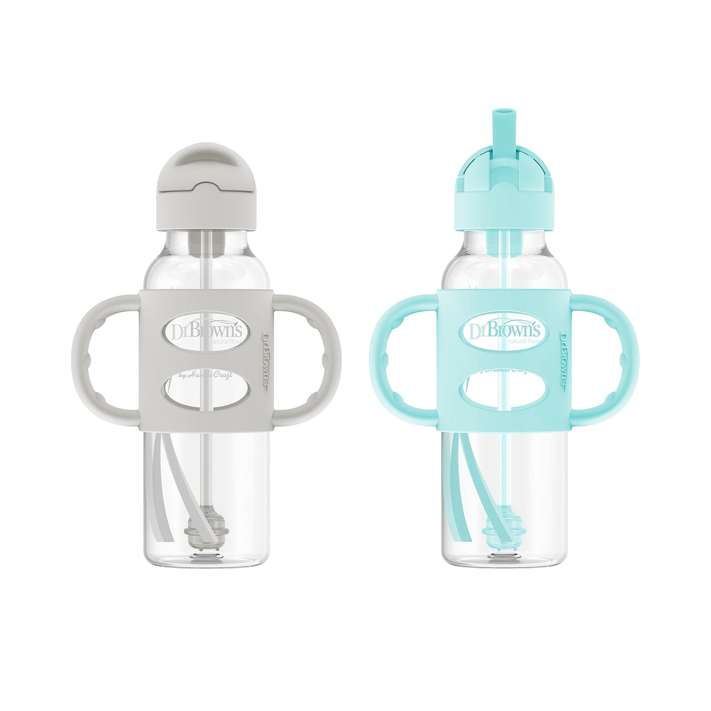 Dr. Brown’s® Milestones™ Narrow Sippy Straw Bottle with 100% Silicone Handles, 8oz/250mL, Gray & Blue, 2 Pack, 6m+