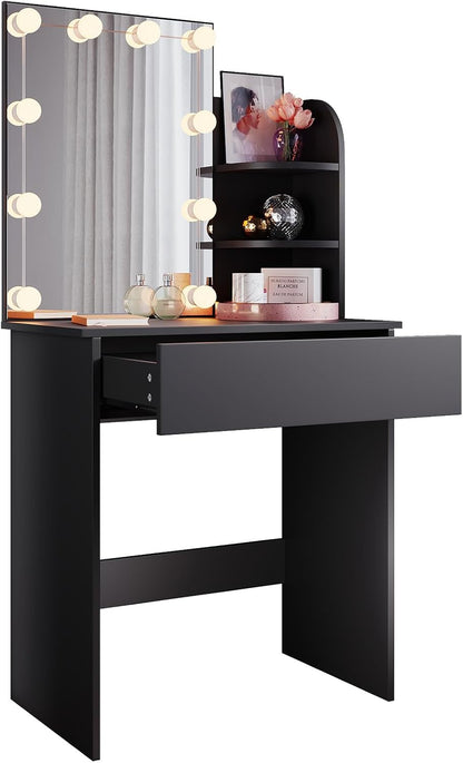 SONNI Dressing Table with LED Lighting and HD Mirror, with 10 Adjustable Brightness, 3 Colours, Dressing Tables with Drawers for Bedroom, 3 Open Compartments, Black, 70 x 40 x 140 cm