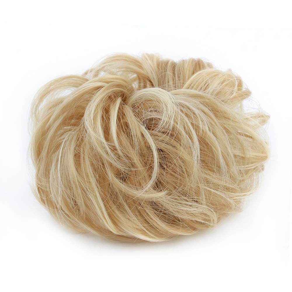 MORICA 1PCS Messy Hair Bun Hair Scrunchies Extension Curly Wavy Messy Synthetic Chignon for Women (12AH613(Light Golden Brown & Lightest Blonde))