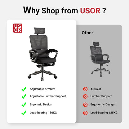 USOR Ergonomic Office Chair Desk Gaming Computer Chair Breathable Mesh High Back Chair Adjustable Headrest Lumbar Support PU Wheels Swivel Computer Task Tilt Function Chair with Footrest (BLACK)