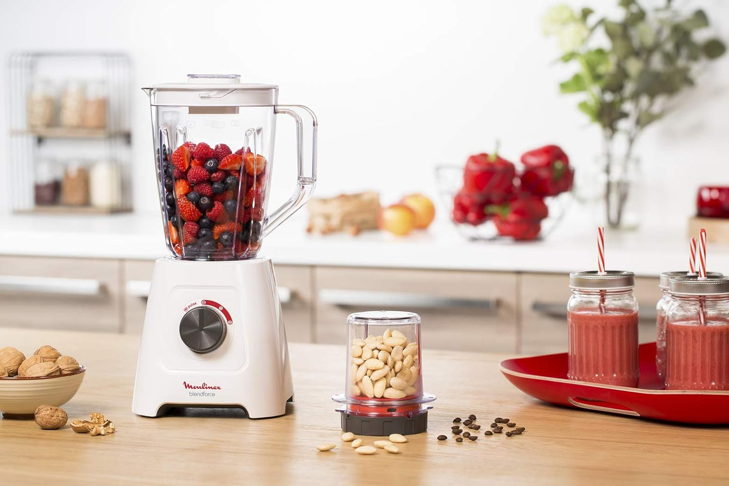 MOULINEX Blender | BlendForce XXL Jar 2.8 L Blender Smoothie Maker | Mixer | 600 W | 2 Attachments | 2.8L XXL Plastic Jar| 6 Powelix Blades | Ice Crush | 2 Speeds | 2 Years Warranty | LM458127