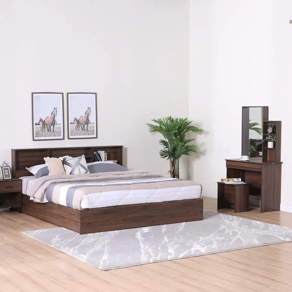 Danube Home Gamorah 5 Pieces Bed Set King Size + Night Stand + Dresser And Stool With Mirror | Comfortable Bedset Full | Sturdy Modern Design Wooden Bed Room Set Furnitures (King, Columbia Dark Brown)