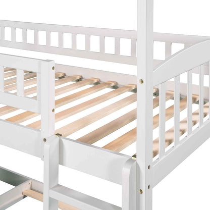 ATY Twin-Over-Twin Bunk Bed with Slide, House Bunkbeds Frame w/Roof for Toddler, Kids, Teens, No Box Spring Needed, White