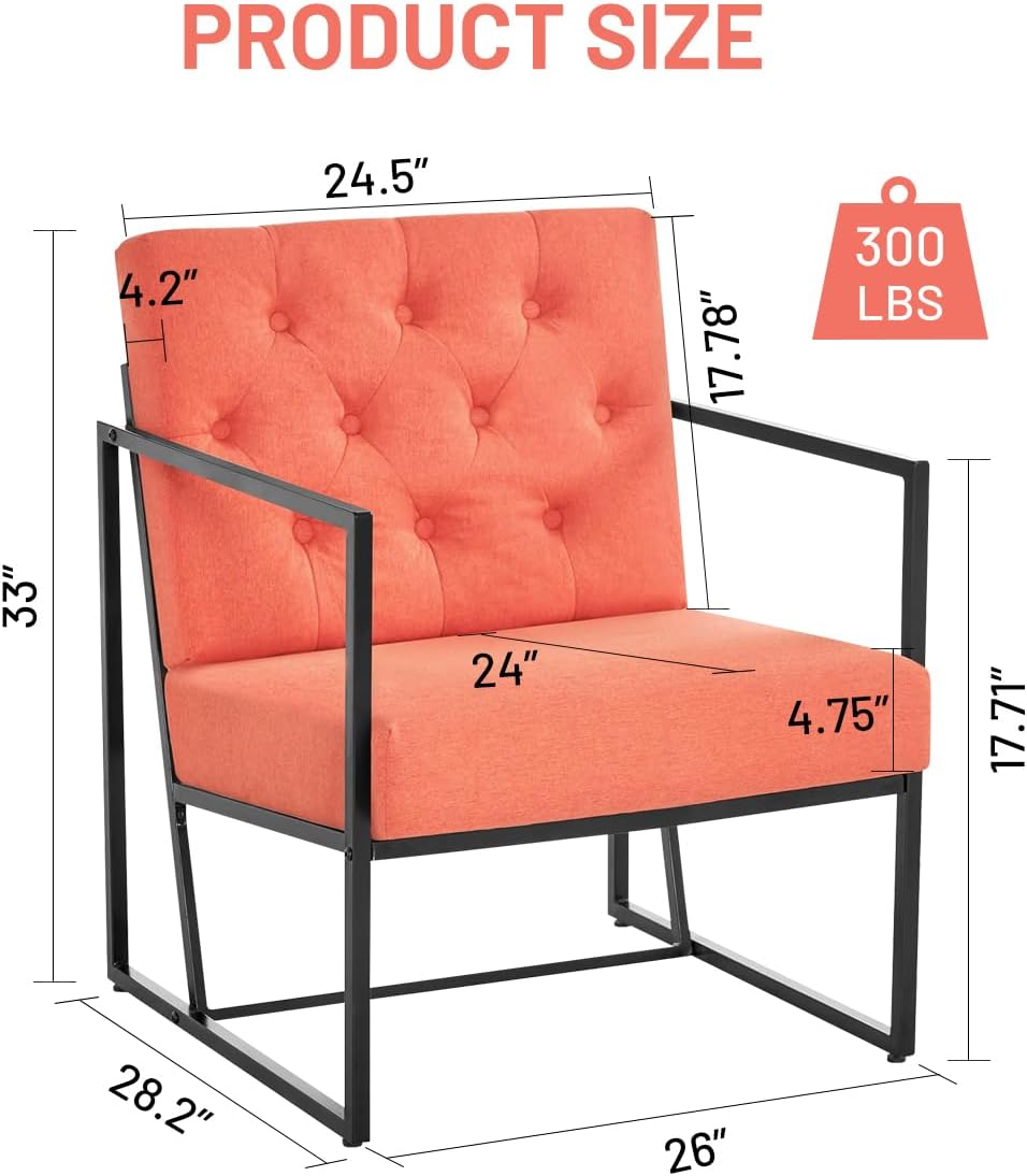 VANCIKI Accent Chair - Living Room Chairs Upholstered Soft Comfortable Oversized Armchair Classic Metal Frame for Bedroom Reading Room Office Relaxing (Mid-Century Modern, Orange)