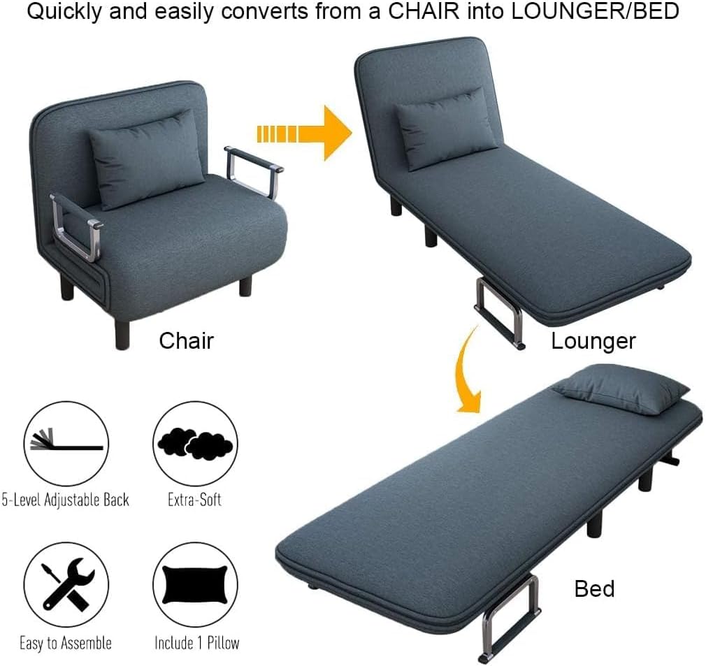 Convertible Chair Bed, Tri-Fold Sofa Bed with Adjustable Backrest & Pillow, Leisure Chaise Lounge Couch with Sturdy Steel Frame for Home & Office, Comfortable Sleeper Chair (65 * 190cm) (Orange)