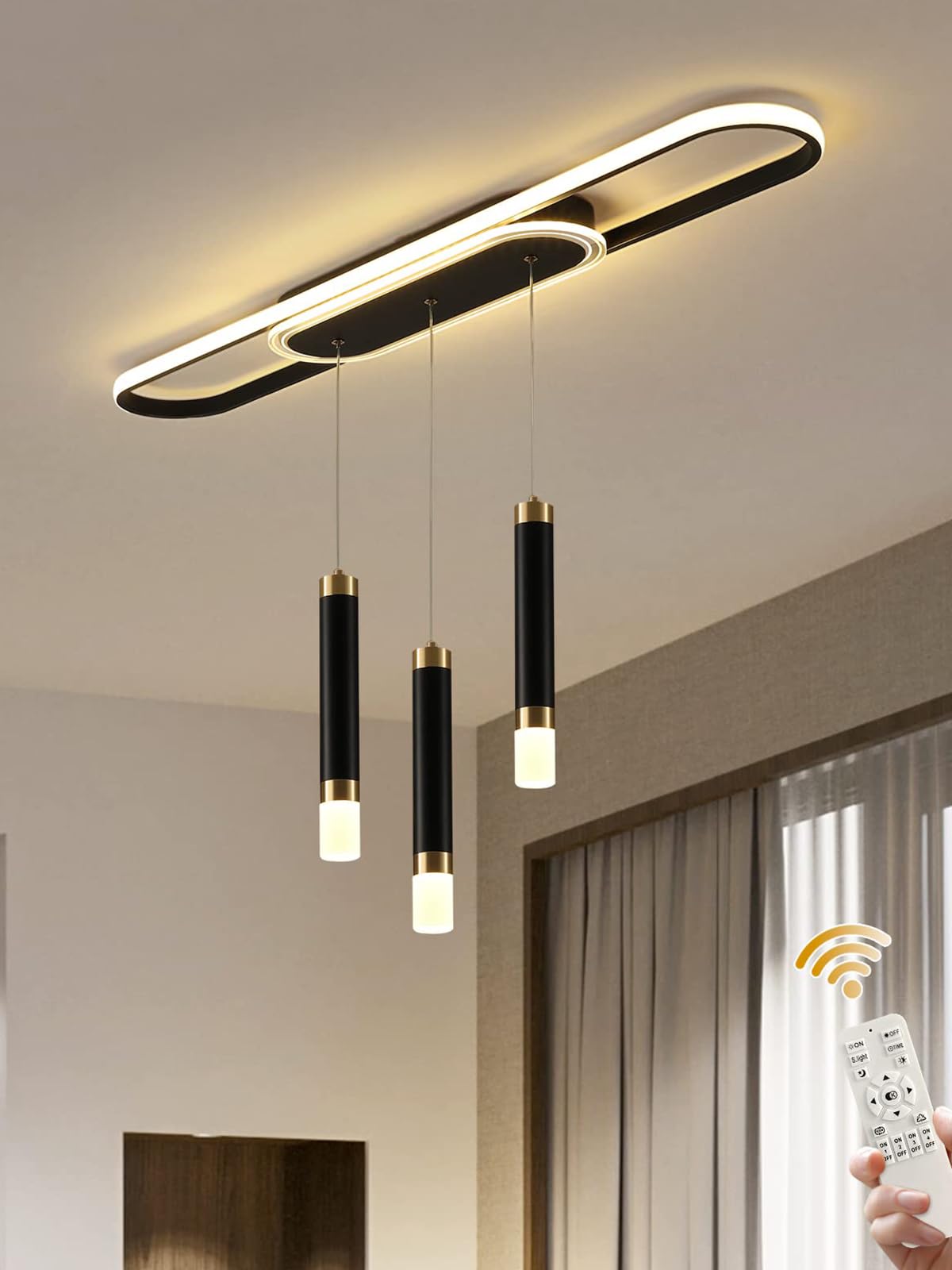 Jaycomey Modern Chandelier Light Fixtures Dimmable LED Pendant Light with Remote Control Acrylic Wave Chandeliers for Dining Rooms Bedroom Kitchen Restaurant 3000K-6000K 24W Black