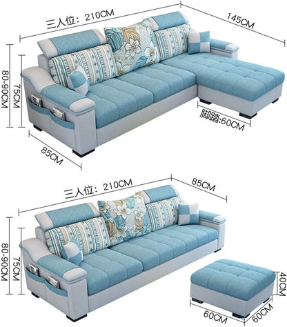 L Shape sofa 3 Seat Linen Living Room Sofa Set Home Furniture Modern Design Frame Soft Sponge Shape Home Furniture(Foot ped + 2 cloth stool),C