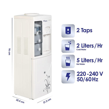 Super General Hot and Cold Water Dispenser, Water-Cooler with Cooling Cabinet and Cup-Holder, Instant-Hot-Water, 2 Taps, SGL-1191, White/Grey, 31.2 x 32.5 x 96 cm, 1 Year Warranty