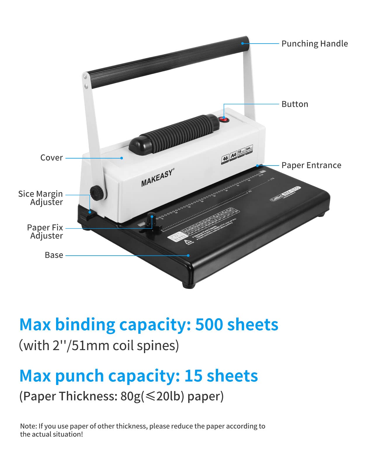 MAKEASY Coil Spiral Binding Machine - Manual Hole Punch - Electric Coil Inserter - Adjustable Side Margin - for Letter Size/A4/A5, Comes with 100pcs 5/16'' Plastic Coil Binding Spines & Plier