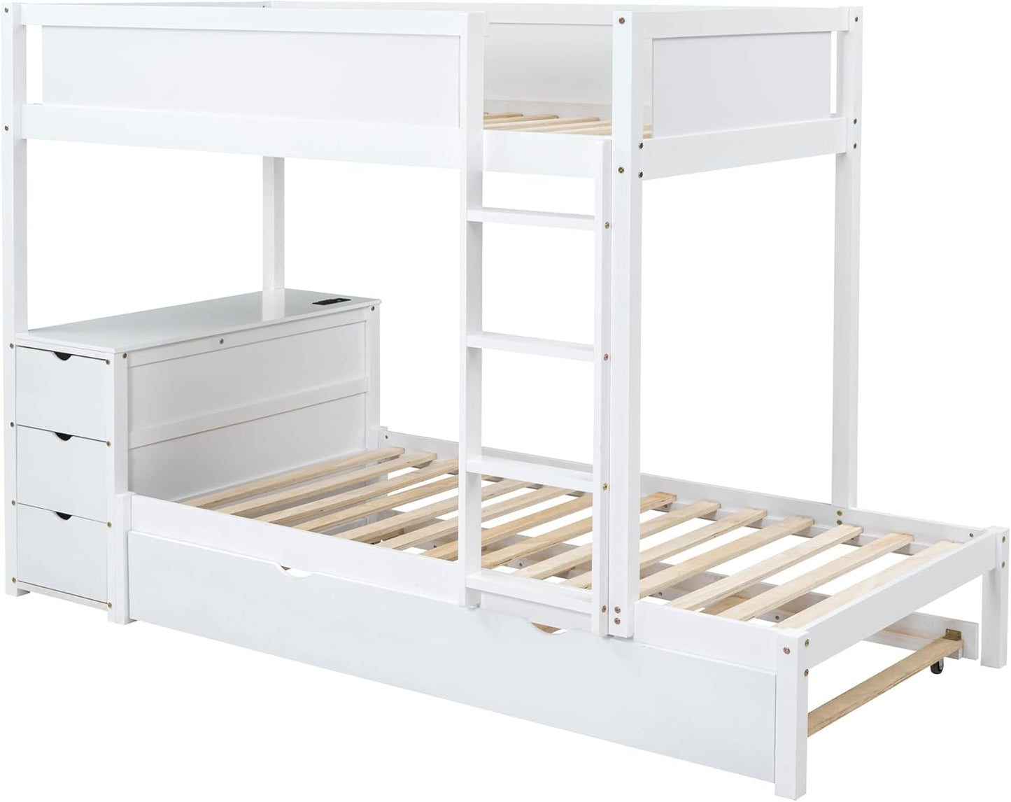 Ball & Cast Twin-Over-Twin Bunk Bed with Twin Size Trundle,Solid Wood Bedframe W/Desk & Drawers,USB,Space Saving,Easy Assembly,Multifunctional Bedroom Furniture Set for Boys Girls Teens,White