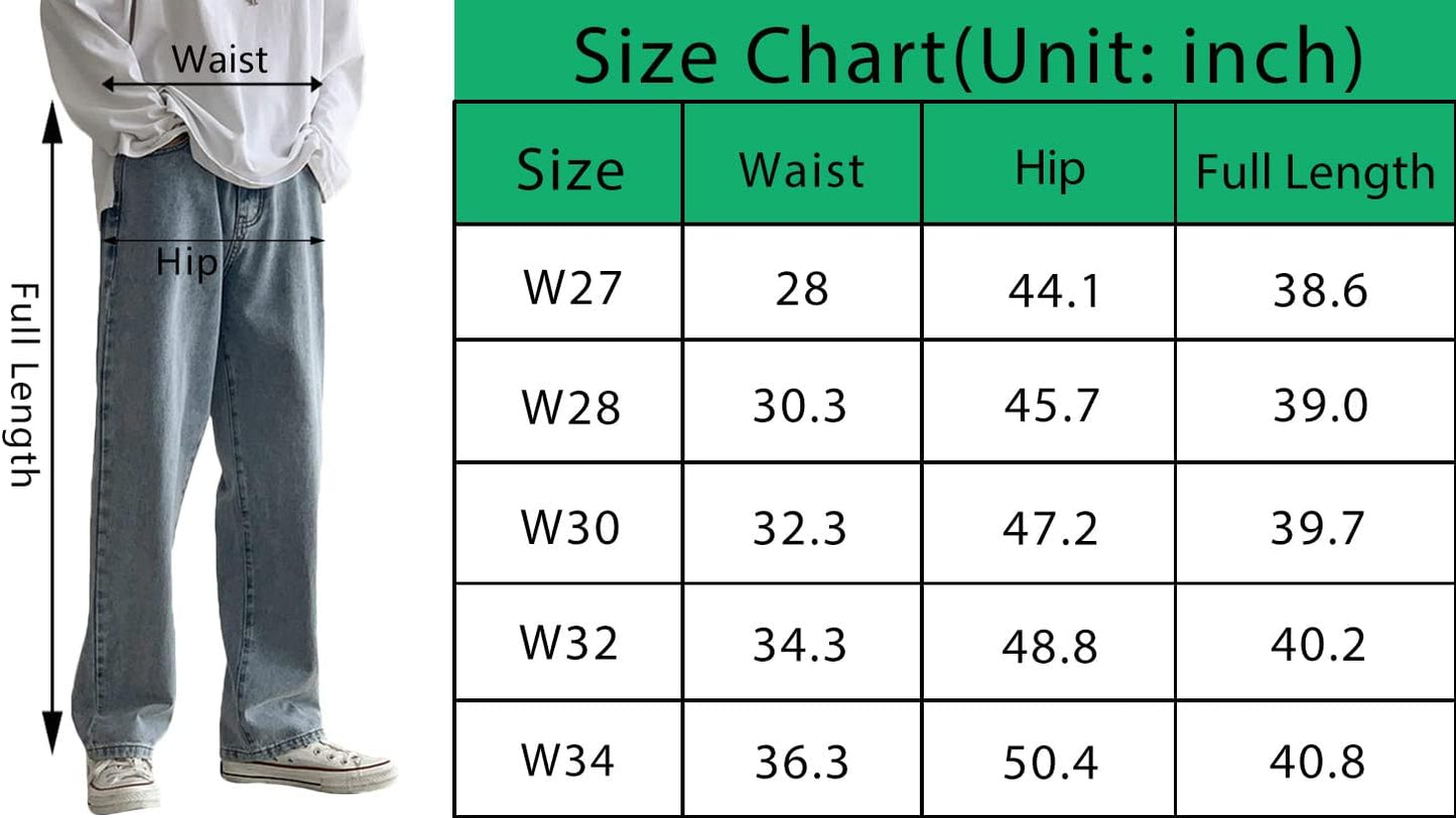 Rexcyril Men's Loose Fit Straight Leg Denim Jeans Baggy Wide Leg Plain Pants Trousers