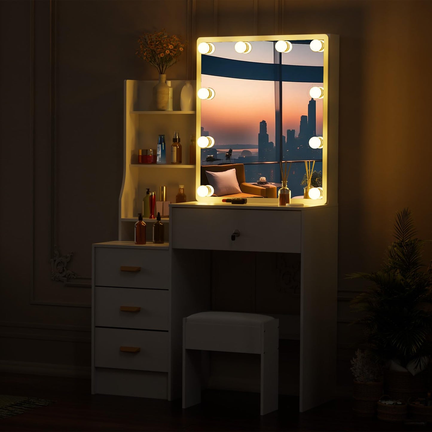 LIANWANG Dressing Table with LED Lighting, 3 Colour Temperatures, Adjustable Brightness, Dressing Table with Mirror for Make-Up, 6 Drawers, 1 Stool, 131 x 80 x 36 cm, White