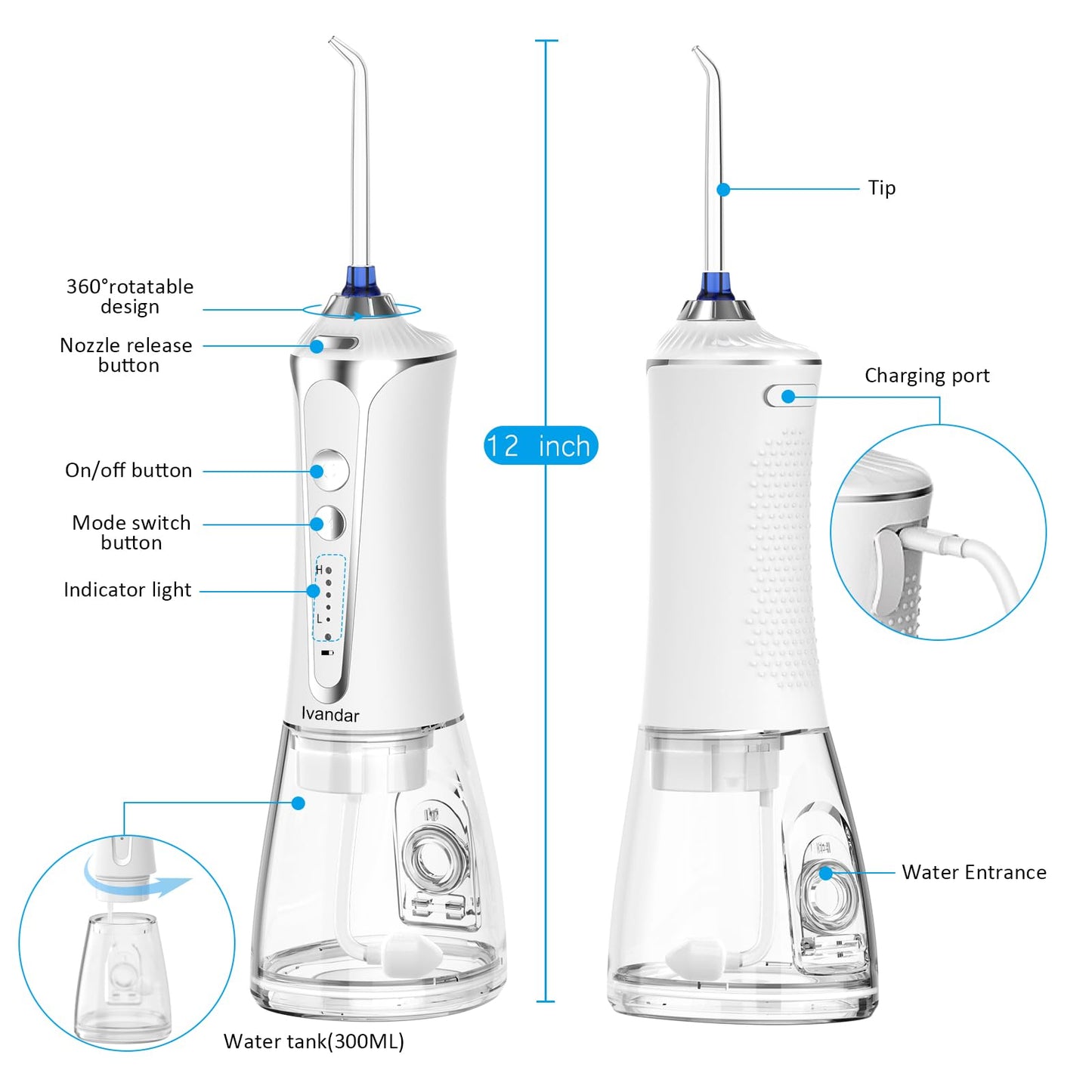 Dental Flosser, Oral Irrigator for Teeth with 5 Pressure Level, 6 Replaceable Jet Tips,IPX7 Waterproof, Portable,and Rechargeable Teeth Cleaner for Home&Travel -330ml Detachable Reservoir-White