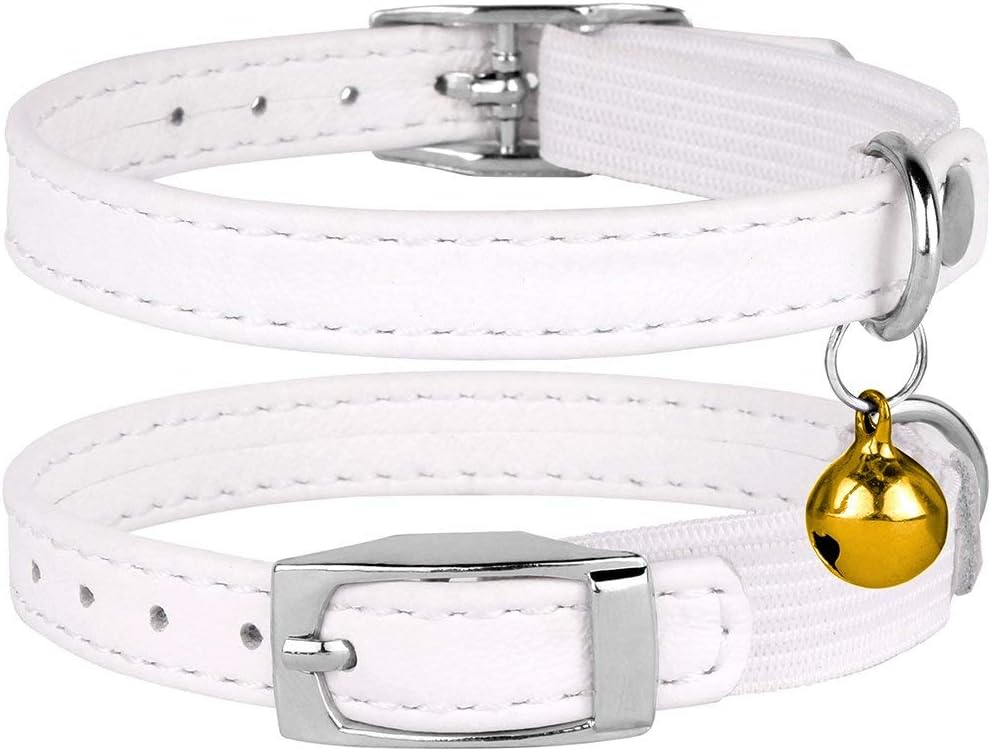 CollarDirect Leather Cat Collar with Elastic Safety Strap and Bell for Boy, Girl, Kitten (Neck Fit 9"-11", White)