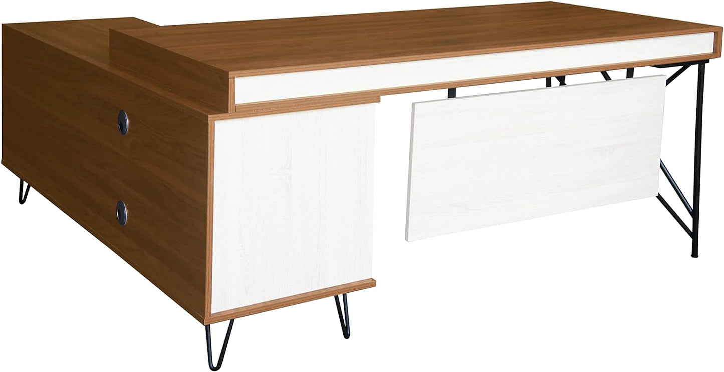 Mahmayi Zelda M225-16 Modern Executive Desk with Check Writing Ledge, Underneath Storage Cubby, Locking Drawer, and Storage Cabinet - Office Furniture for Productivity - Walnut/White (160cm)