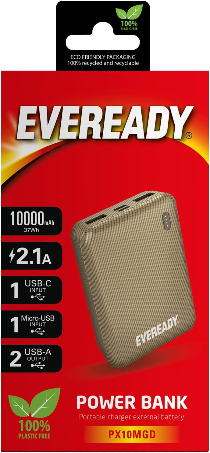 Energizer Eveready Fast Charger Portable Power Bank Mini 10000mAh - Compact Battery w/Charge Indicator, 1x USB-C, 1x Micro USB, 2x USB-A, for Apple iPhone, iPad, Airpods, Android, Samsung - Gold - CaveHubs