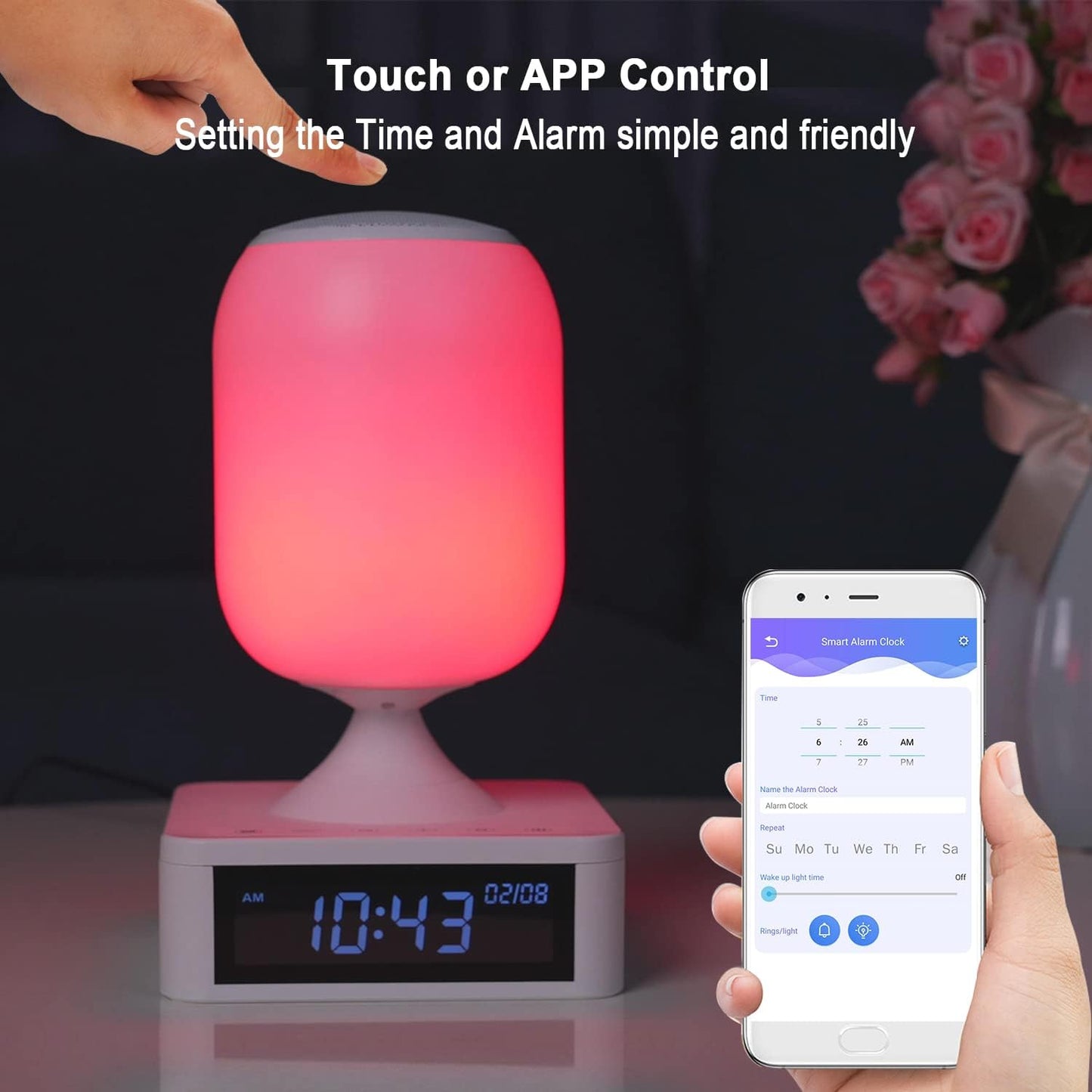 LED Table Lamp,Music Bedside Lamp with 2 USB Ports,Sunrise Alarm Clock, Touch Control Nightstand Reading Light,APP Control Easy Setting Light with Dimmable Mirror LED Display for kids and adults