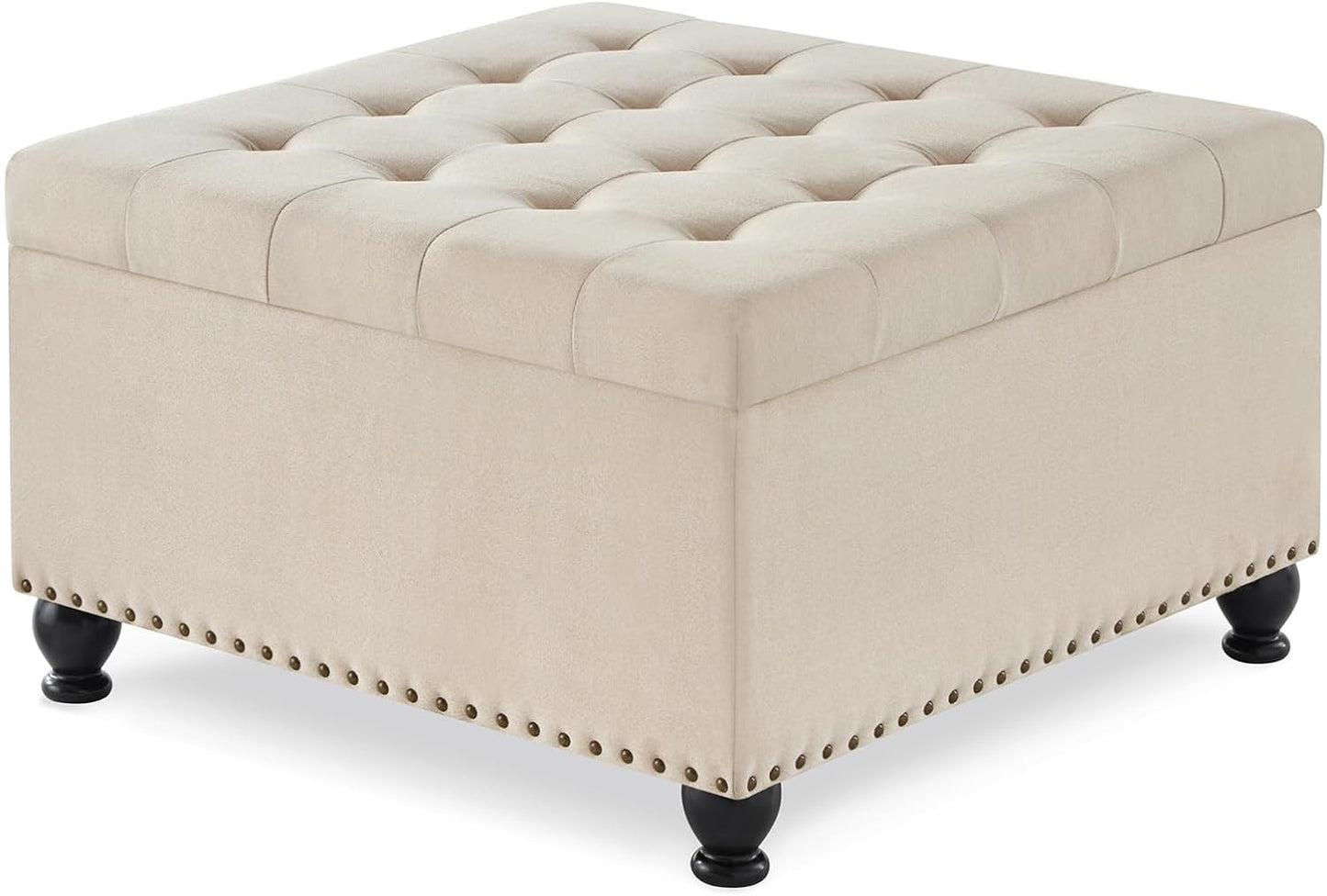 SPOFLYINN 30" L Square Storage Ottoman Bench, Upholstered Tufted Button Storage Bench with Nails Trim, Storage Toy Box Footrest Bench for Living Room, Bedroom Linen One Size