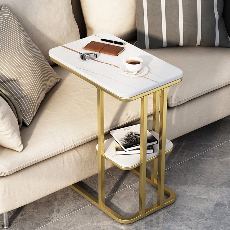 Coffee Tables for Living Room, Double-Layered Square End Side Tables Sofa Table, Modern Marble Nesting Table with Metal Frame Legs Set of 2 (White+square+Golden frame)