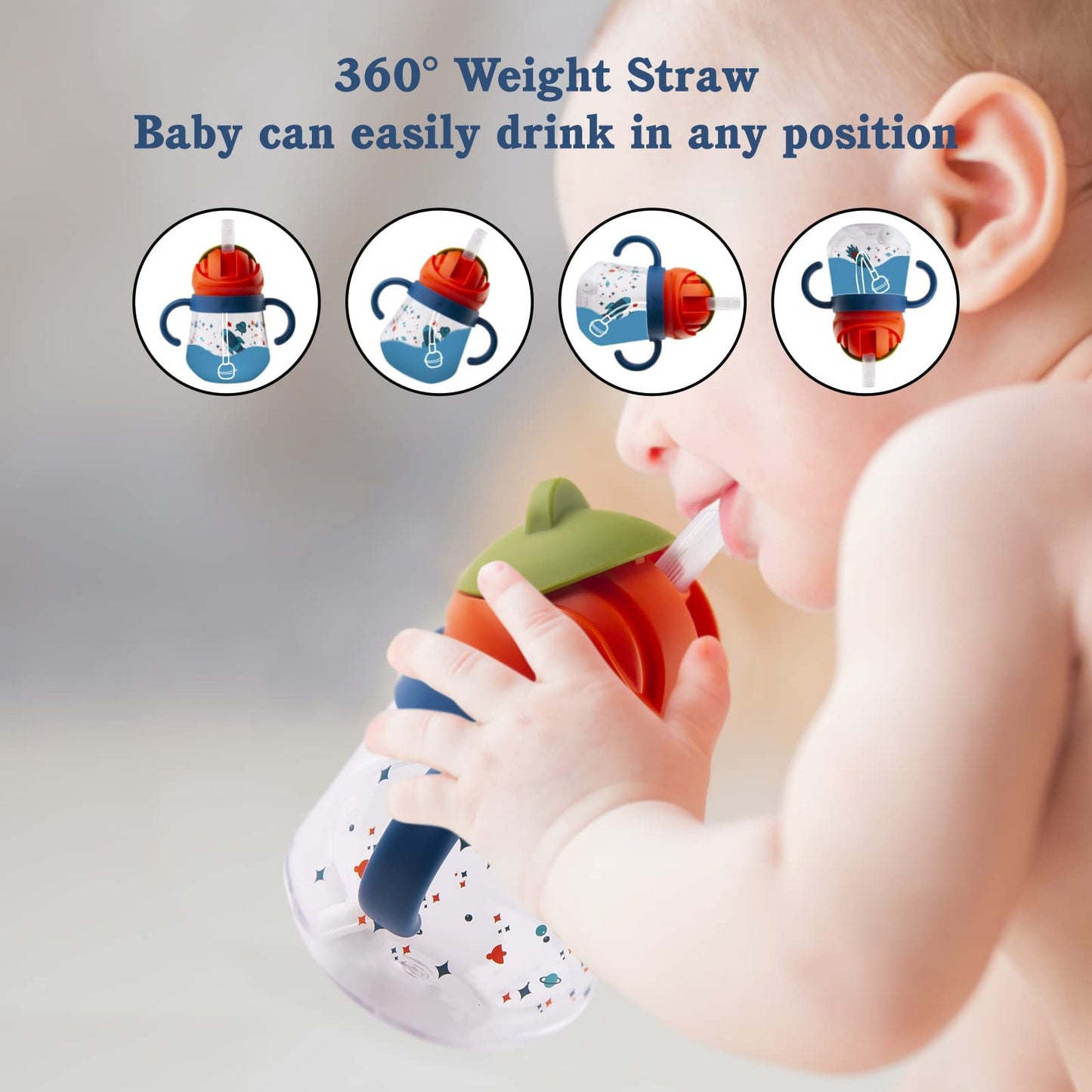 Sippy Cup for Baby Months 6+,Spill-Proof Sippy Cup, Weighted Straw Non Spill Cup for Toddlers, Baby Straw Cup with Handles, Spill-Proof, Leak-Proof Soft Spout Cup 260ml, BPA Free (Blue)