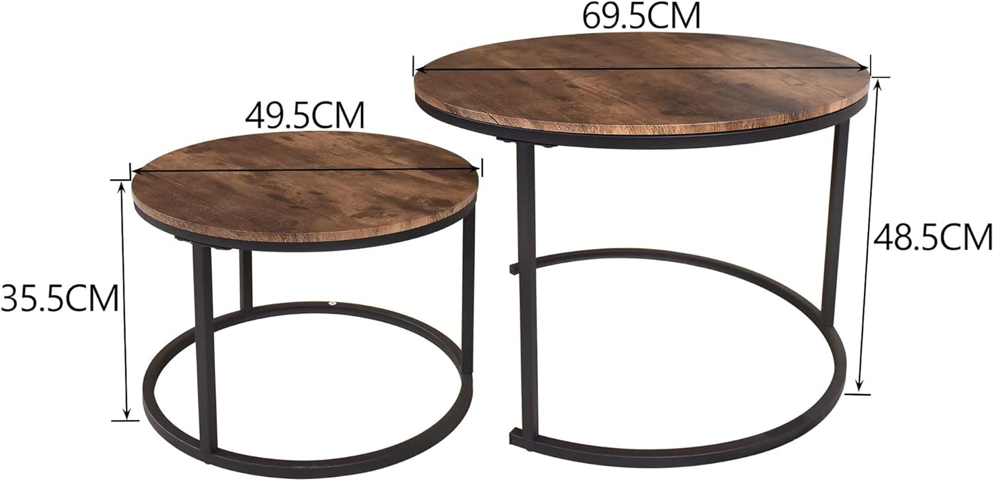 FOUBAM Round Coffee Tables for Living Room Furniture Wood Nesting Coffee Table Set of 2 Stacking Side Tea Table for Small Spaces Balcony Office, Stable Metal Frame,Easy Assembly(Black+Natural Oak)