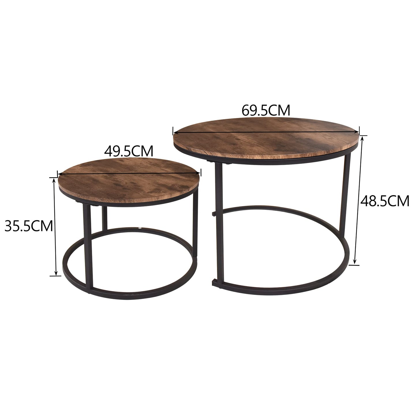 HOJINLINERO Nesting Coffee Table Round Set of 2 End Tables for Living Room,Industrial Stacking Side Tables,Wood Look Accent Furniture with Metal Frame End Table for Bedroom Decorations,Black+Brown