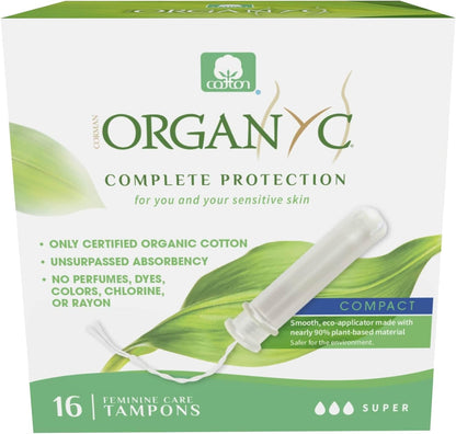 Organyc 100% Certified Organic Cotton Tampons, Plant-Based Eco-Applicator, Super Flow, White and Green, 16 Count