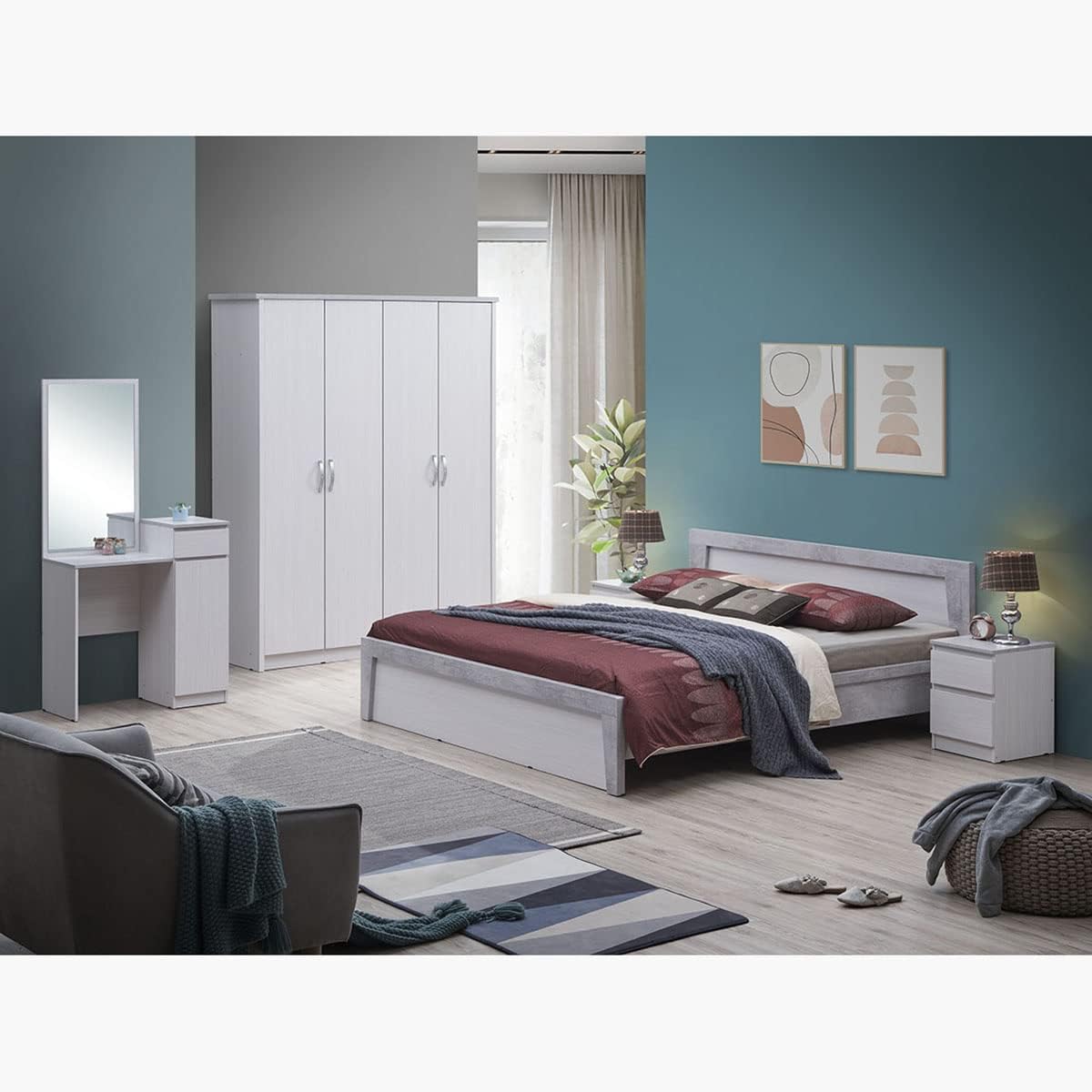 HomeBox Prime 5-Piece King Bedroom Set with King bed 2 Nightstands, Dresser with Mirror - Engineered wood 194x209x80 cm