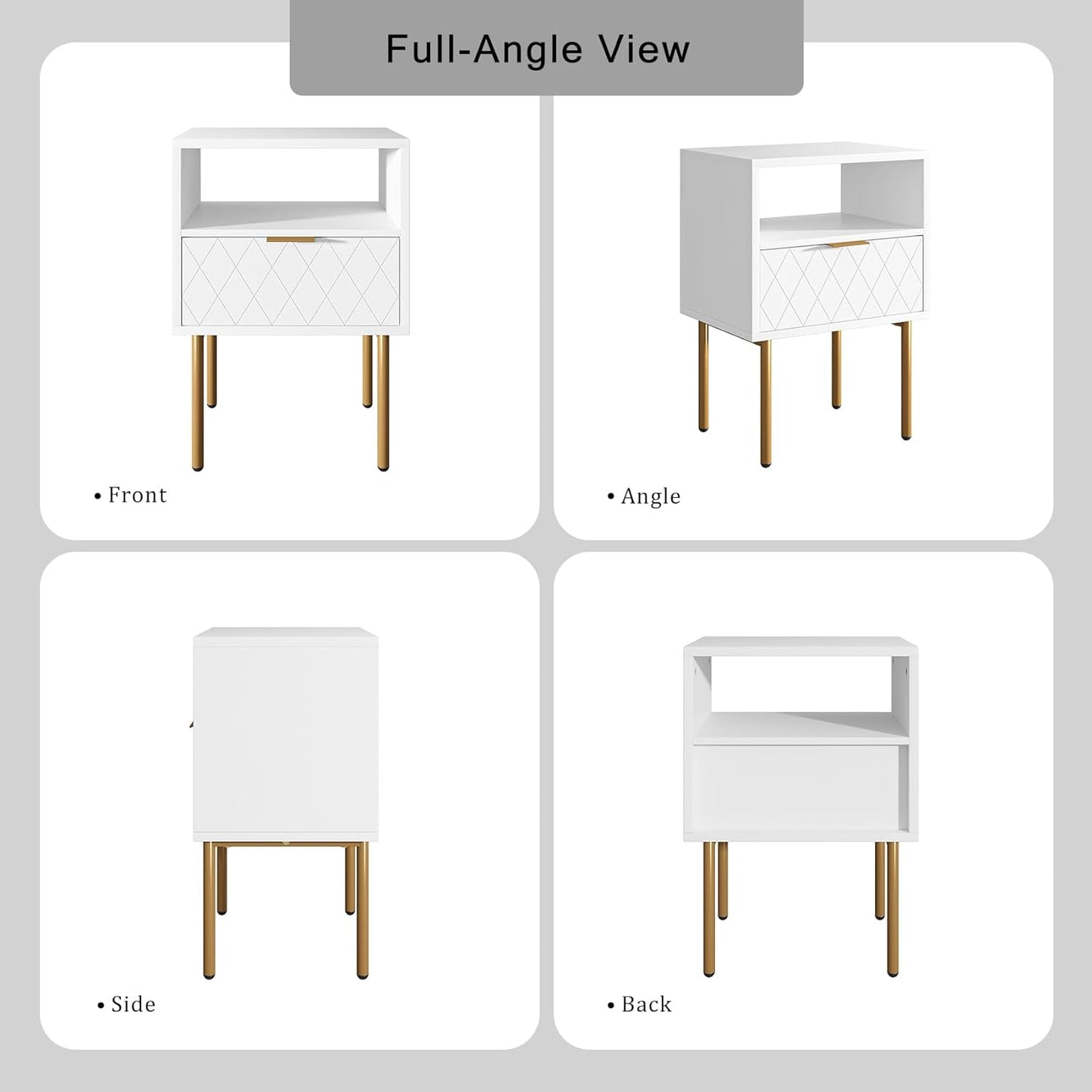 Aobafuir Nightstand, 2 Drawer Dresser for Bedroom, Small Side Table with 2 Drawers, Bedside Furniture, Night Stand, End Table with Gold Frame for Bedroom, Living Room, White Stripe