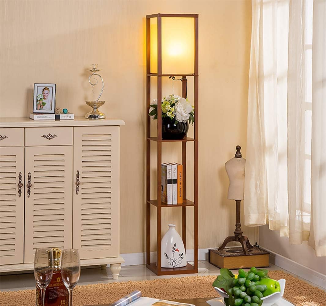 Ganeed LED Shelf Floor Lamp for Livingroom - Office Standing Lamps Corner Storage Standing Bookshelf Lamp - Modern Bedroom Floor Light with Wooden Storage Shelves and Cotton Linen Shade