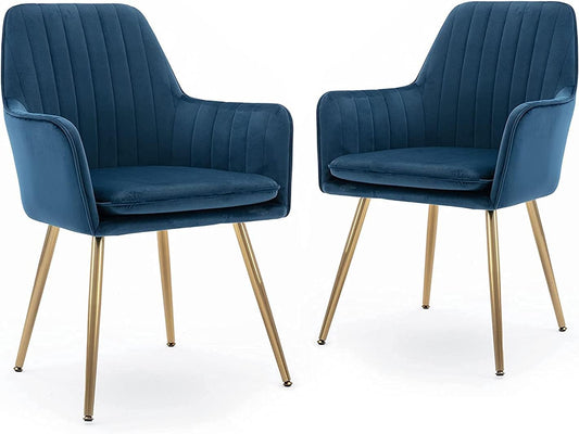 MAHMAYI OFFICE FURNITURE Furniture Velvet Dining Chair?Accent Chair, Modern Leisure Armchair Living Room Chair?Home Desk Chair?Golden Metal Legs (Dark Blue) Set of 2