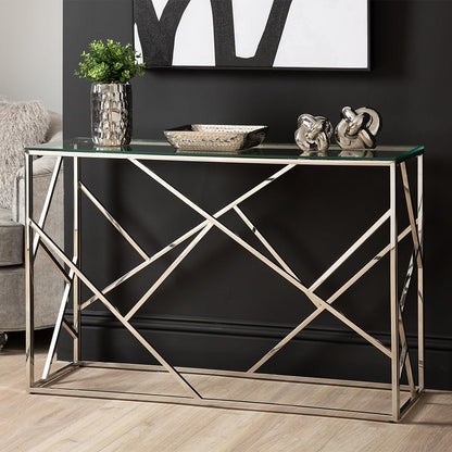 VANITY LIVING 120cm Console Table for Living Room Furniture, Narrow Hallway Table with Chrome Stainless Steel Base and Clear Glass Top, Slim Entryway Table