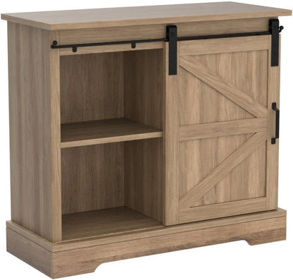 PHI VILLA Farmhouse Coffee Bar Cabinet - Sliding Barn Door Kitchen Sideboard Buffet Cabinet with Storage