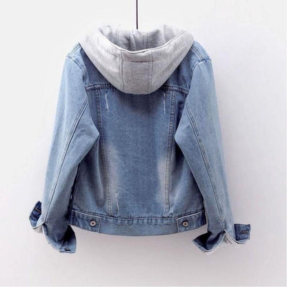 Denim Jacket Women Winter Korean Style Hooded Short Long-Sleeved Woolen Cloth Plus Velvet Thick Lamb Wool Cotton Coat