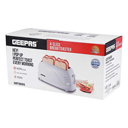 Geepas 1100W 4 Slices Bread Toaster - Crumb Tray, Cord Storage, 7 Settings with Cancel, Defrost & Reheat Function |Removable crumb tray |2 years' warranty