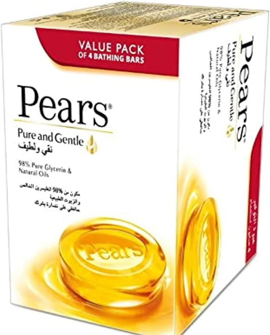 Pears Pure & Gentle Bar Soap with 100% Natural Ingredients & Glycerin for Soft & Glowing Skin, Paraben-Free Moisturising Soap With Mild Fragrance, Dermatologically Tested & Eco-Friendly (Pack of 4)