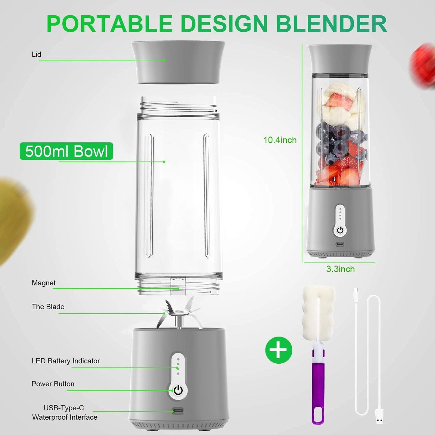 XVersion 500ML Wireless Portable Personal Blender with Carrying Strap High Speed 6-Blades Smoothie Maker Mixer Shakes Juicer Machine for Office Gym Outdoor & Home (Black, Mini)