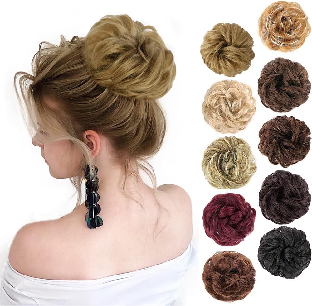 MORICA 1PCS Messy Hair Bun Hair Scrunchies Extension Curly Wavy Messy Synthetic Chignon for Women (12AH613(Light Golden Brown & Lightest Blonde))