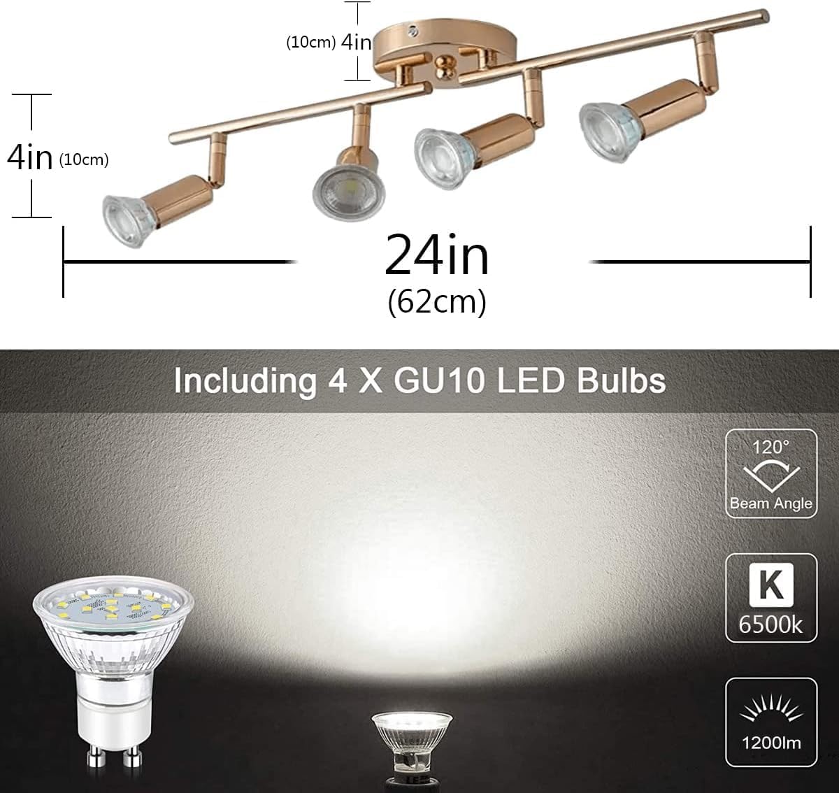 Qcyuui Modern 4-Light Track Lighting Kit, Flush Mount Wall/Ceiling Spot Lights Fixture, LED Track Light with Chrome Flexibly Rotatable Light Head for Kitchen Living Room, 4×GU10 Bulb (Included)