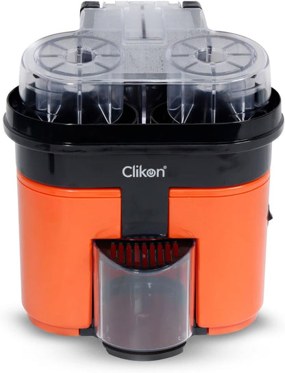 Clikon 2 in 1 Citrus Juicer with Dual Squeezer Technology, One Touch Operation, Built-in Citrus Slicer, 90 Watts, 2 Years Warranty, Orange and Black - CK2258