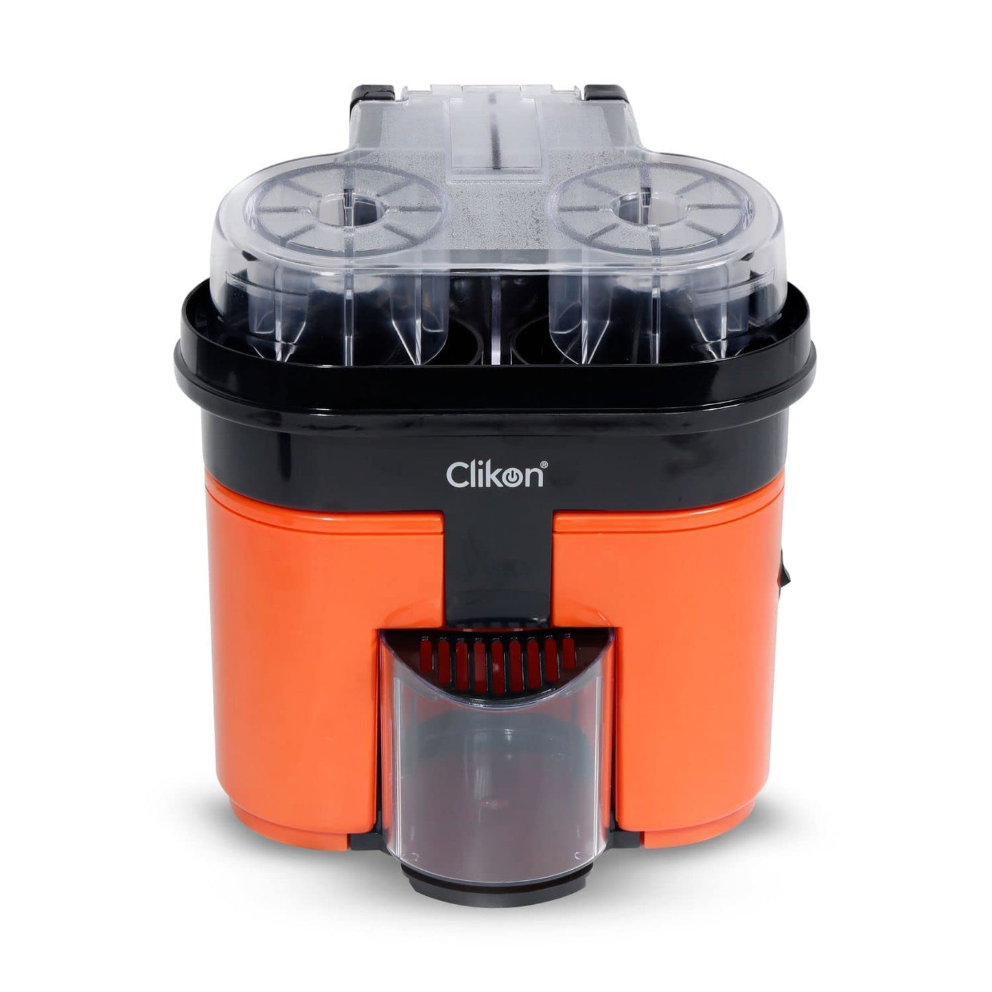 Clikon 2 in 1 Citrus Juicer with Dual Squeezer Technology, One Touch Operation, Built-in Citrus Slicer, 90 Watts, 2 Years Warranty, Orange and Black - CK2258