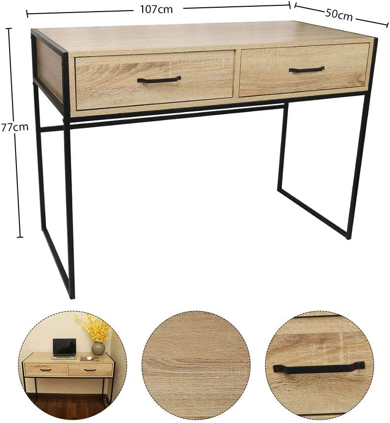 YATAI Computer Desk, Solid Wood Laptop Table with Metal Frame, Modern Dressing Table with 2 Drawers, Multipurpose Gaming Table and Study Table, Portable TV Stand for Home and Office Furniture