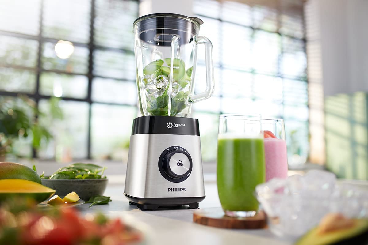 PHILIPS Series 5000 Blender, Metallic, 1000W metal, variable speed, 2l glass jar, 1 tumbler, problend 6, pulse button HR3573/91. 2 years warranty