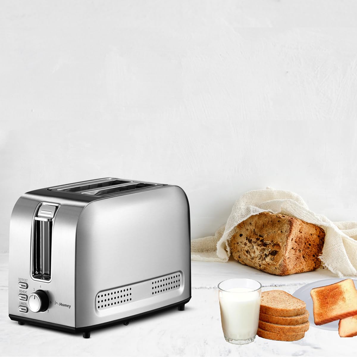 Homey Toaster 2 Slice, Bread Toaster, 7 Adjustable Browning Control,Reheat,Defrost,Cancel Function, with Removal Crumb Tray and Warming Rack, Black