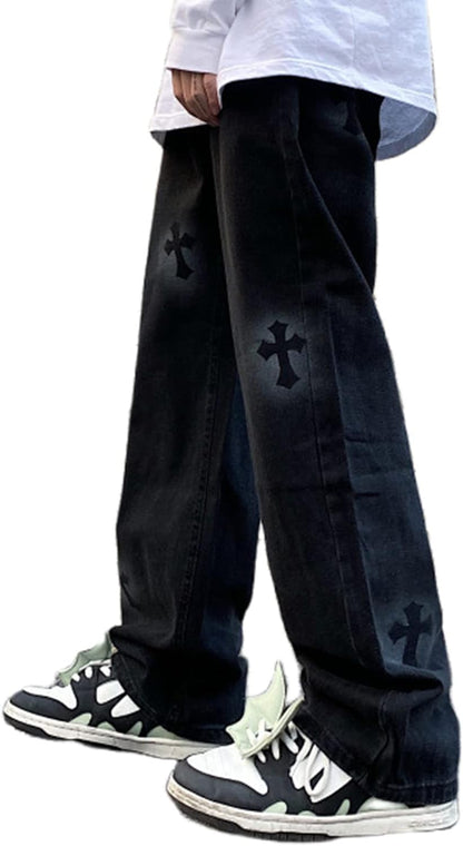 FantasyGears Y2k Jeans Men Grunge Hip Hop Baggy Pants Straight Leg Graphic Denim Joggers Loose Goth Trousers Streetwear