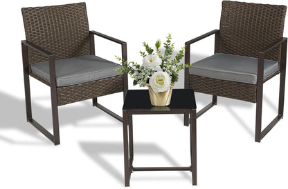 VSMKSJ 3 Pieces Patio Furniture Set Outdoor Wicker Bistro Set Rattan Chair Conversation Sets with Coffee Table for Porch, Balcony,Garden,Backyard and Removable Cushions Beige