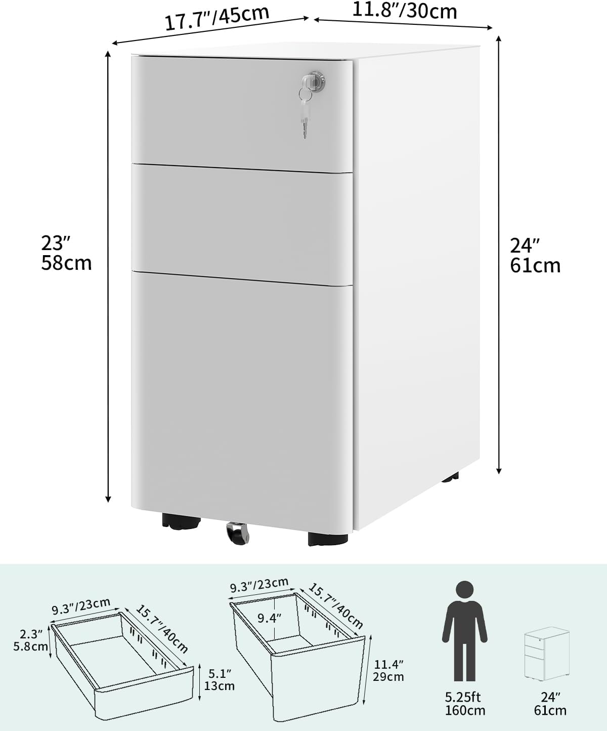 YITAHOME Fully Assembled Metal File Cabinet with 3 Lockable Drawers, Mobile Filing Cabinet for Home Office, Under Desk File Office Drawers for Letter/Legal/A4, Black, 30 x 46 x 59cm